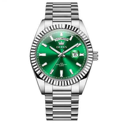 Luminous Waterproof Business Steel Belt Wrist Watch Green Surface