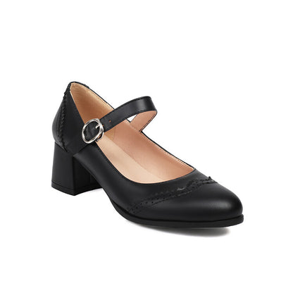 Preppy Style Round Toe Buckle Mid Heel Plus Size Women's Shoes Black