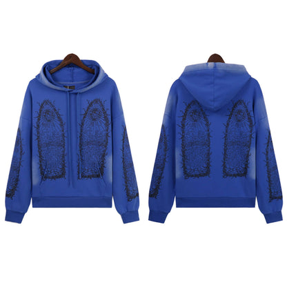 Washed And Distressed Sweatshirt With Heavy-duty Classic Print Blue