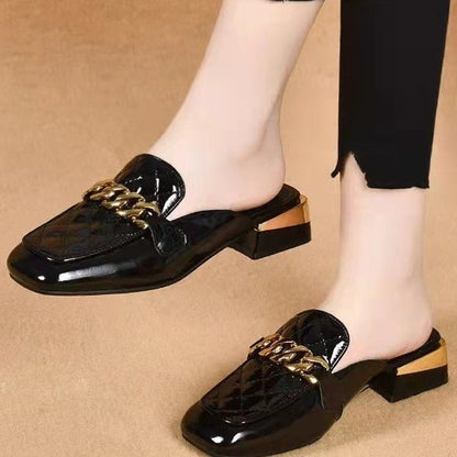 Women's Spring And Summer New Women's Shoes Mid Heel Toe Box Slippers Black