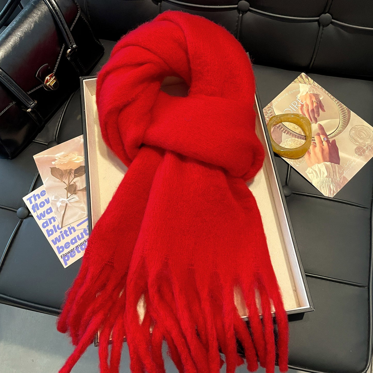 Scarf Winter Thicken Thermal Solid Color Mohair Shawl Large Mohair Red