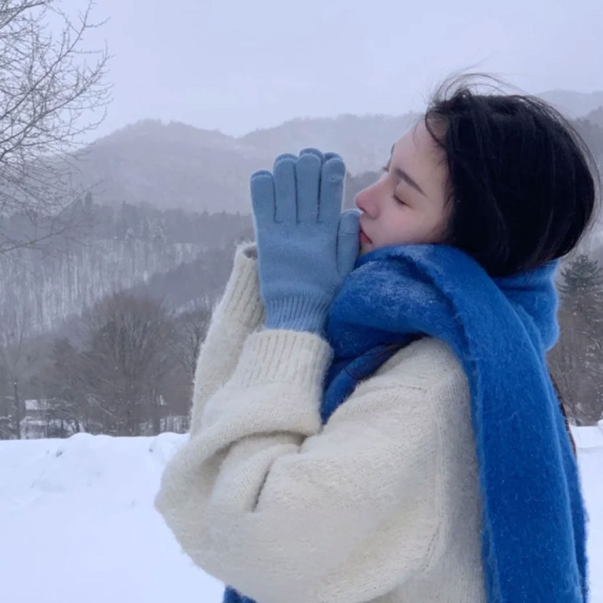 Scarf Winter Thicken Thermal Solid Color Mohair Shawl Small Version Mohair Klein Blue