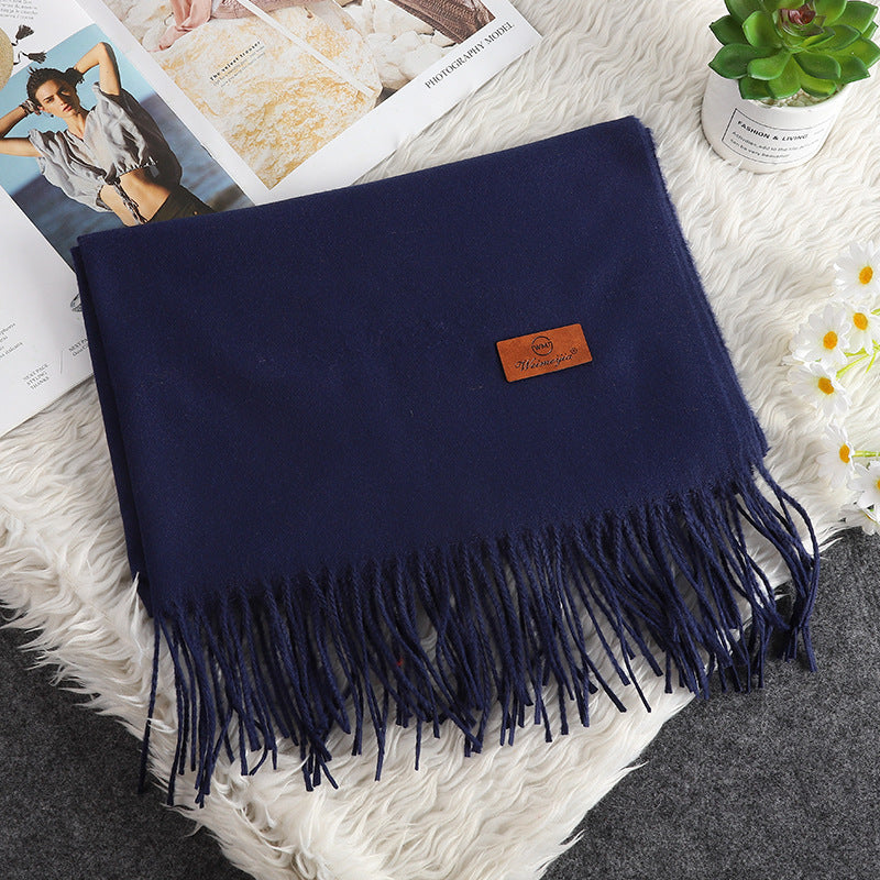Solid Color Cashmere-like Bristle Scarf Ladies Tassel Warm Gift Navy Blue 200x70cm