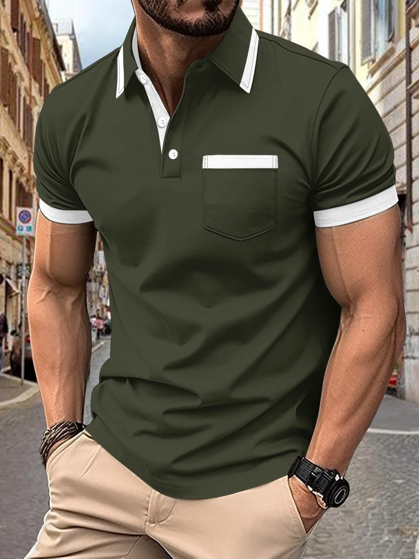 Men's Patchwork Button Pocket Casual Top Army Green