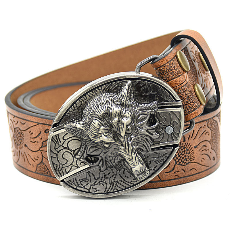 Personality Student Trendy Printing Engraving Smooth Buckle Knife Embossing Belt Wolf Head Brown