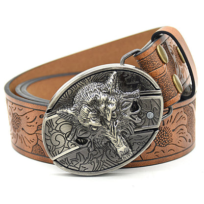 Personality Student Trendy Printing Engraving Smooth Buckle Knife Embossing Belt Wolf Head Brown