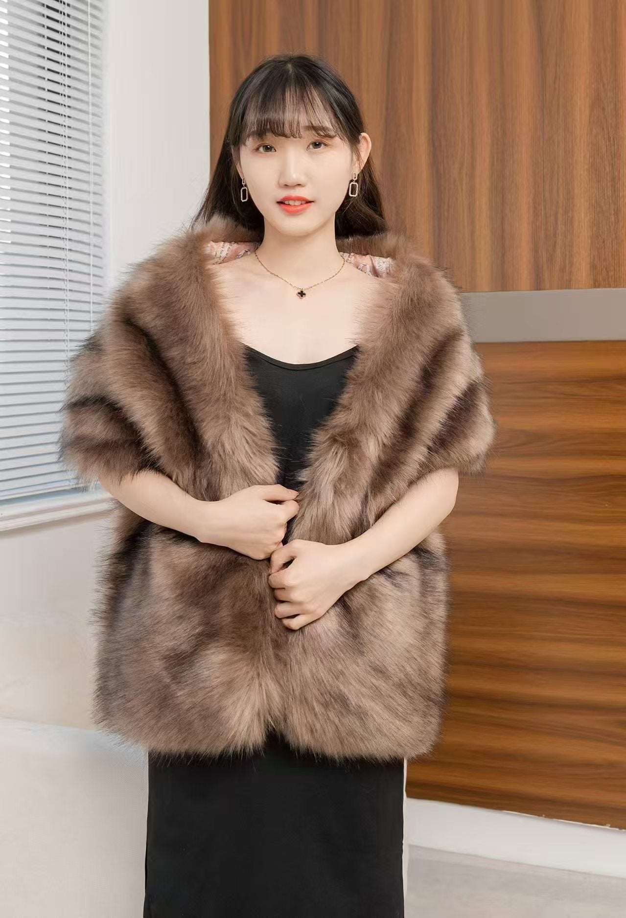 Women's Big Fur Collar Scarf Shawl Dark Brown