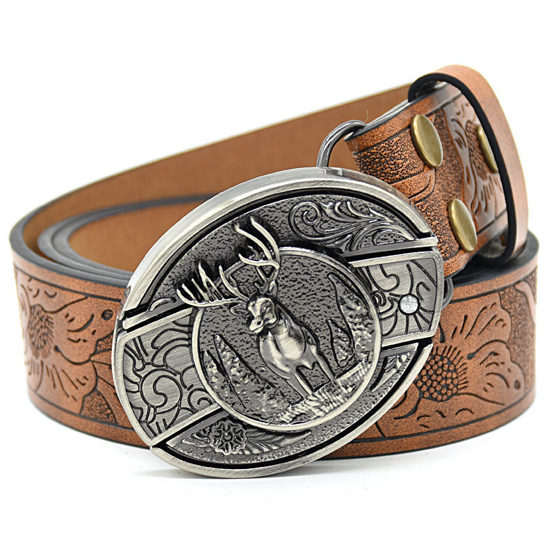 Personality Student Trendy Printing Engraving Smooth Buckle Knife Embossing Belt Round Deer Brown