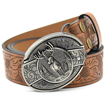 Personality Student Trendy Printing Engraving Smooth Buckle Knife Embossing Belt Round Deer Brown