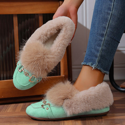 Cotton-padded With Velvet Lightweight And Comfortable Skin-friendly Plush Comfortable Versatile Women's Shoes Green