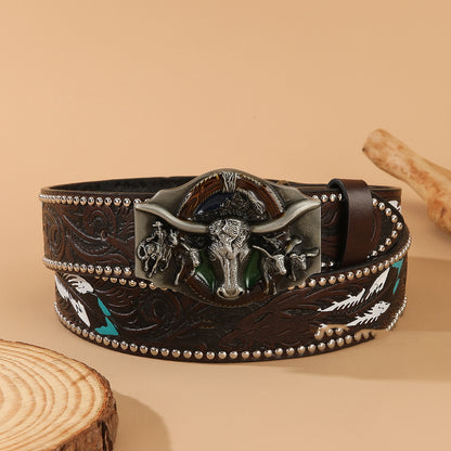 Western Cowboy Bullhead Punk Belt Retro Belt COFFEE