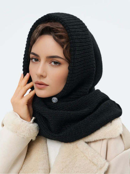 Solid Color Fashion Casual Knit Hat With Cross Scarf Ink Black