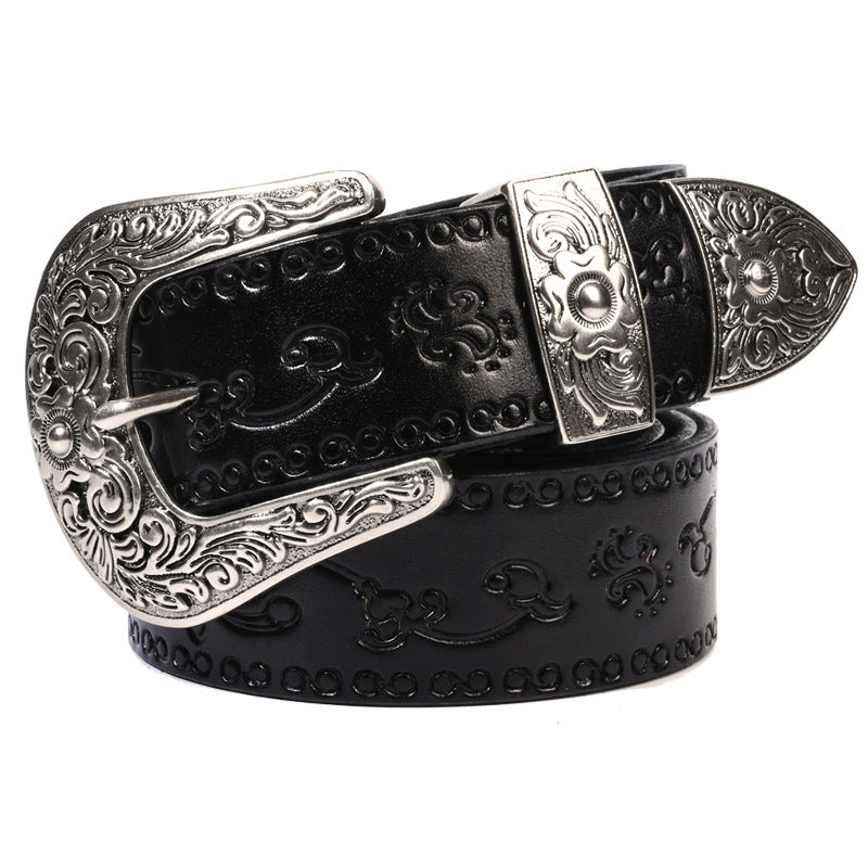 Embossed First Layer Cowhide Men's Mongolian Style Personalized Carved Belt Morning Glory Black