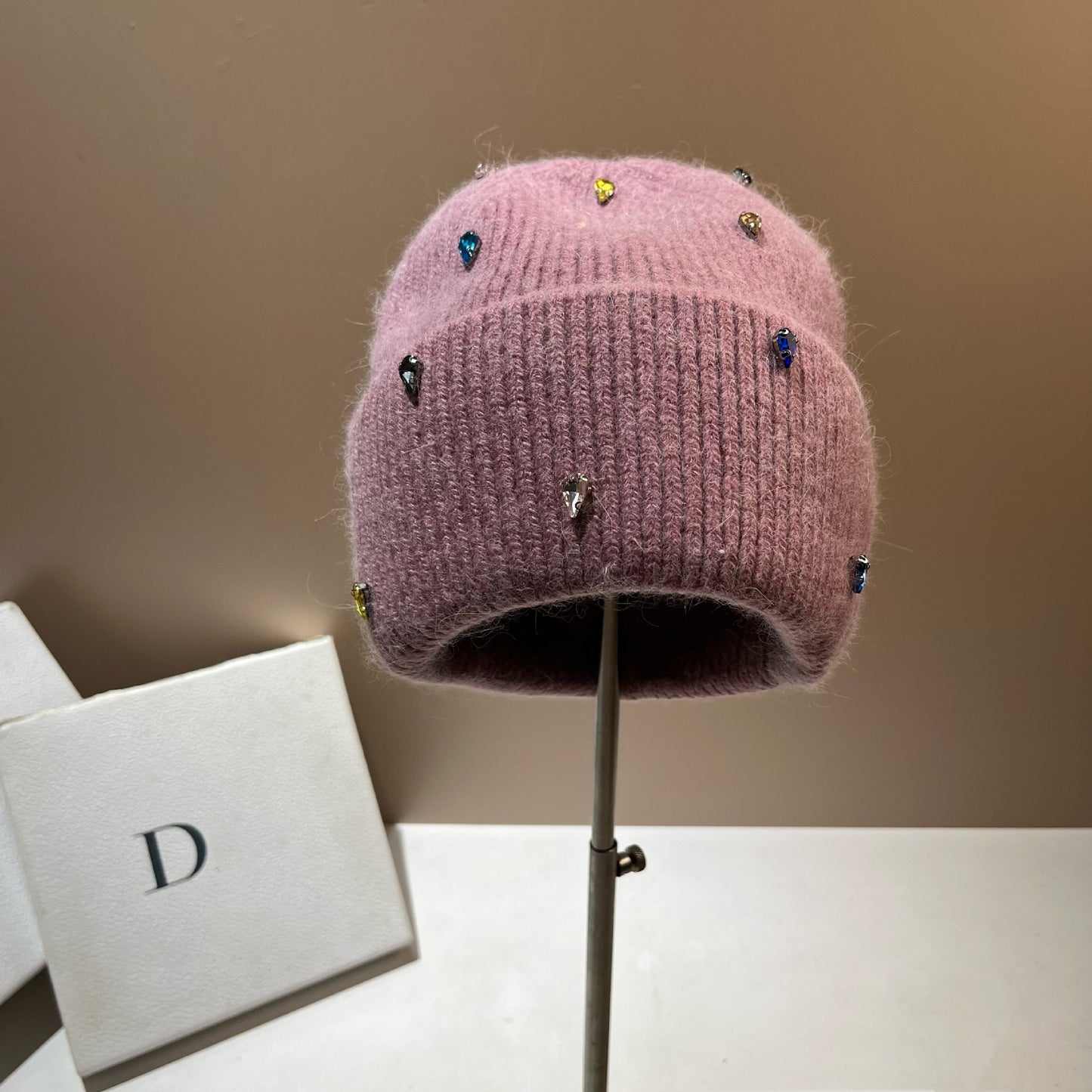 Color Diamond Light Luxury Winter Rabbit Hair Knitted Hat Personality Colorful Purple Leather Free Size