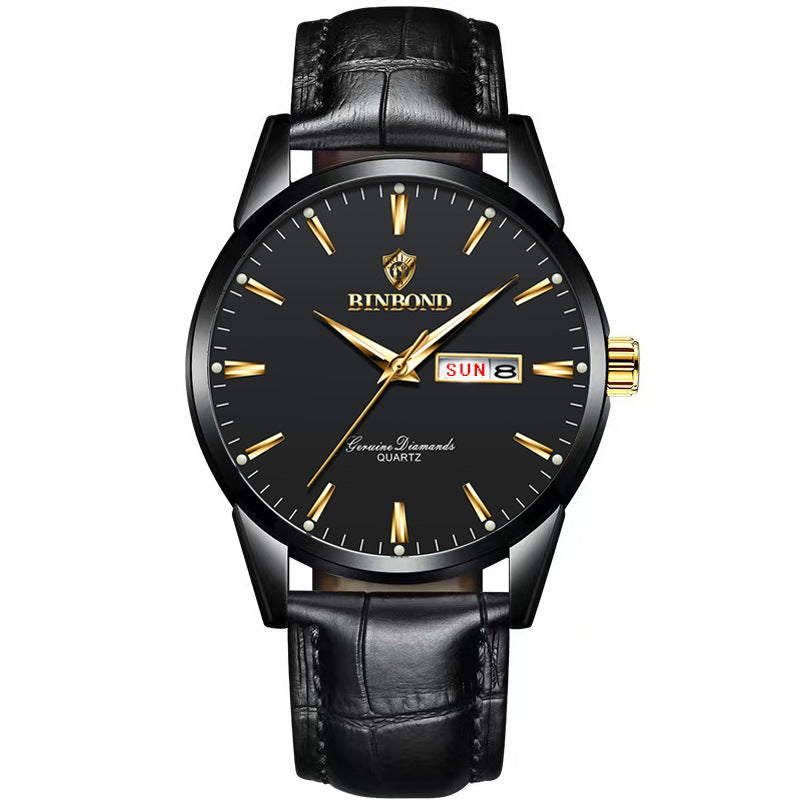 Double Calendar Waterproof Quartz Watch Men Black Authentic Leather Gold Male Style