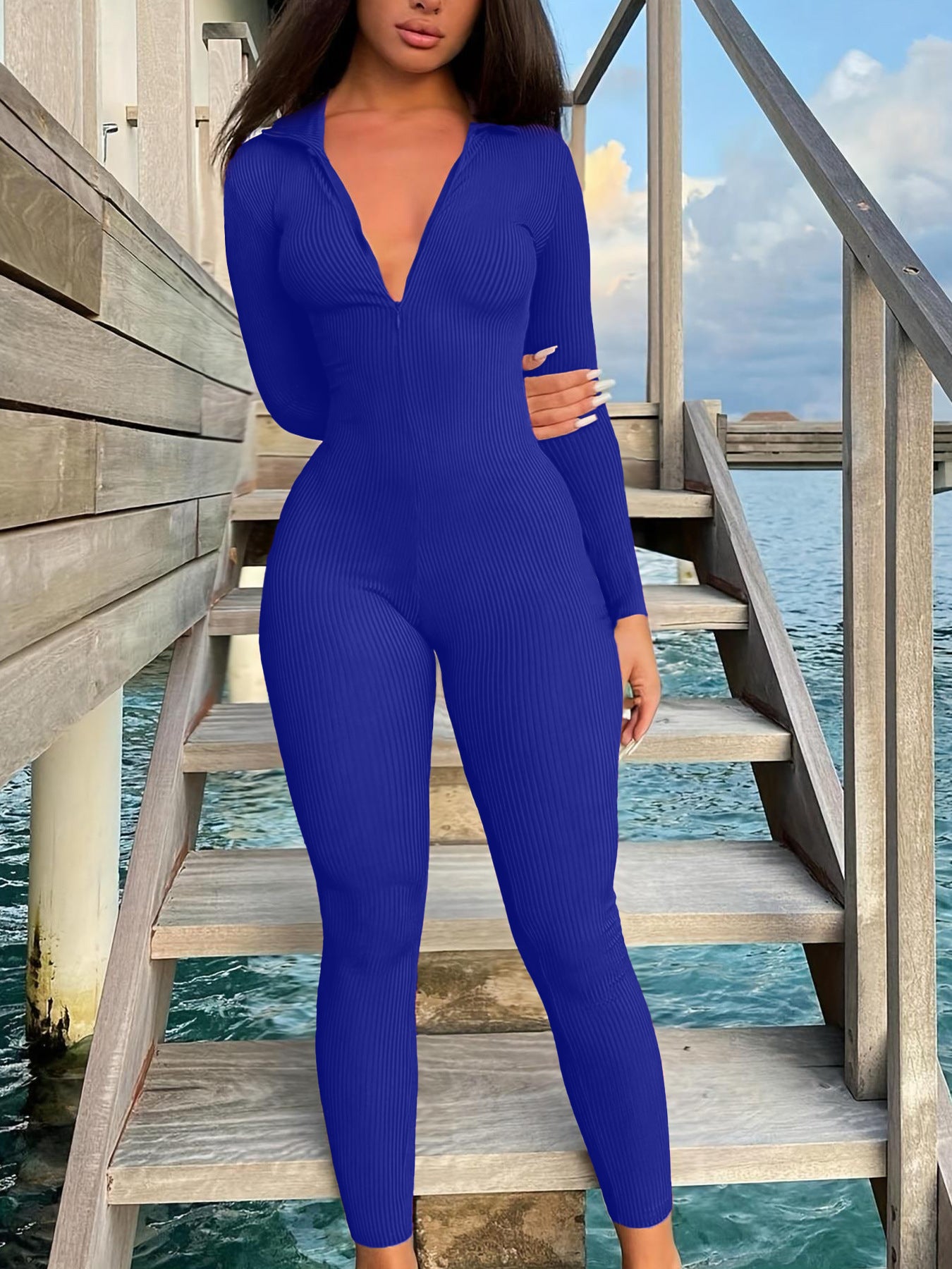 Casual Ribbed Zip-up Jumpsuit Long Sleeves Blue