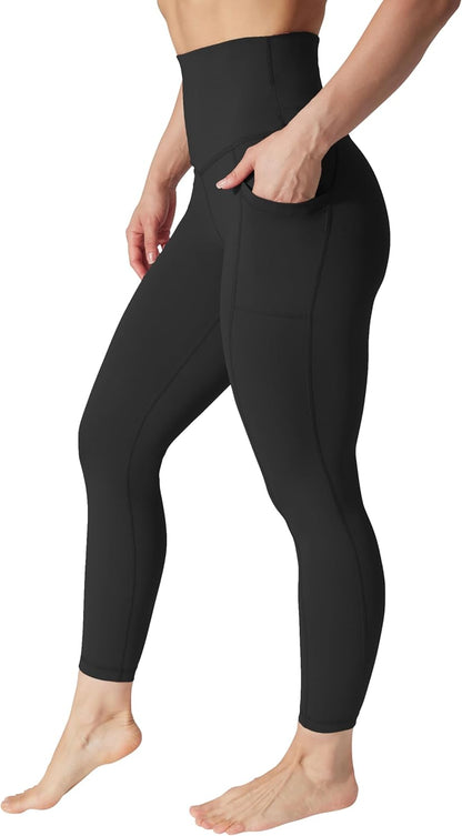 Squat Proof Elastic Free Super High Waisted Tummy Control Ankle Leggings with Pockets Black X-Small