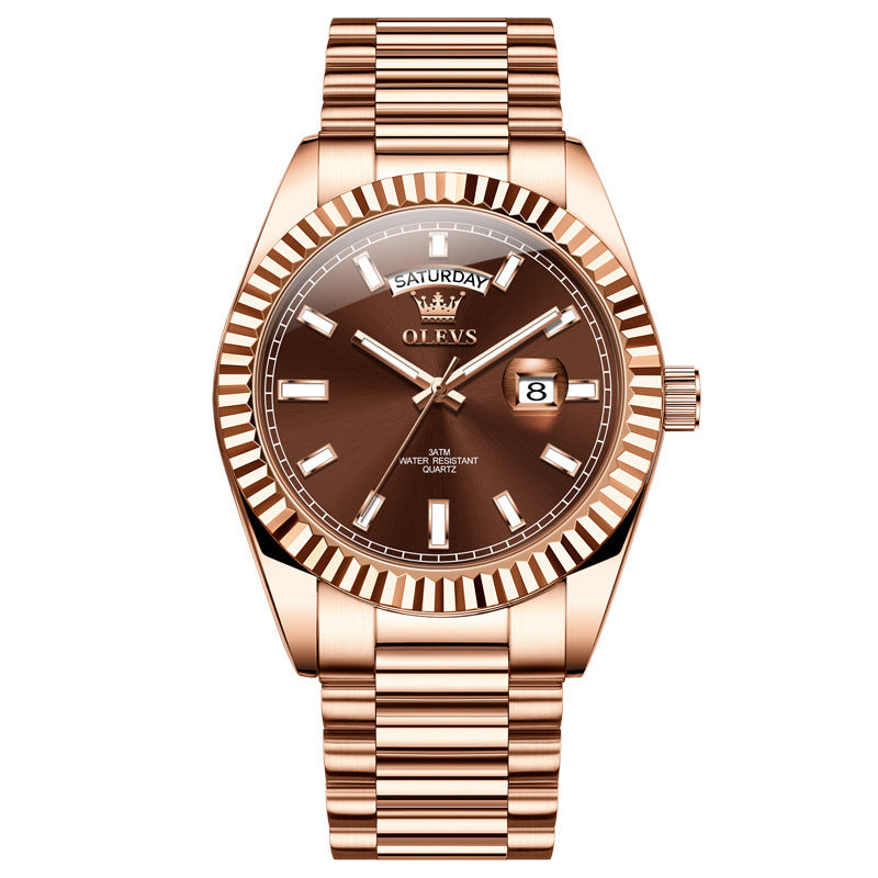 Luminous Waterproof Business Steel Belt Wrist Watch Coffee Noodles