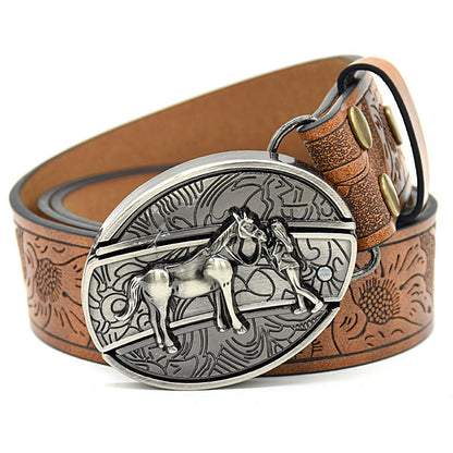 Personality Student Trendy Printing Engraving Smooth Buckle Knife Embossing Belt Girl And Horse Brown