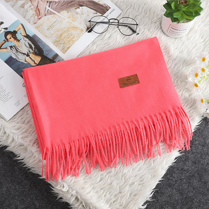 Solid Color Cashmere-like Bristle Scarf Ladies Tassel Warm Gift Watermelon Red 200x70cm