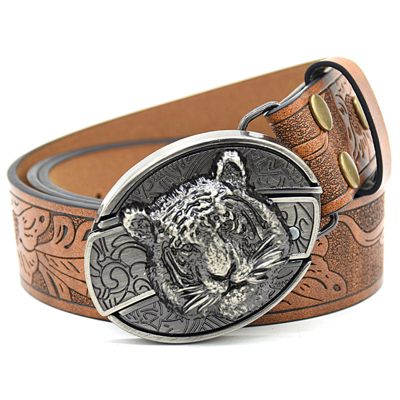 Personality Student Trendy Printing Engraving Smooth Buckle Knife Embossing Belt Leopard Head Brown