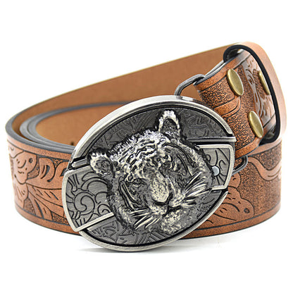 Personality Student Trendy Printing Engraving Smooth Buckle Knife Embossing Belt Leopard Head Brown