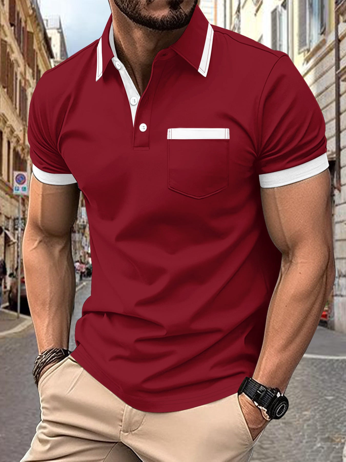 Men's Patchwork Button Pocket Casual Top Wine Red
