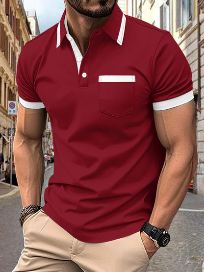 Men's Patchwork Button Pocket Casual Top Wine Red