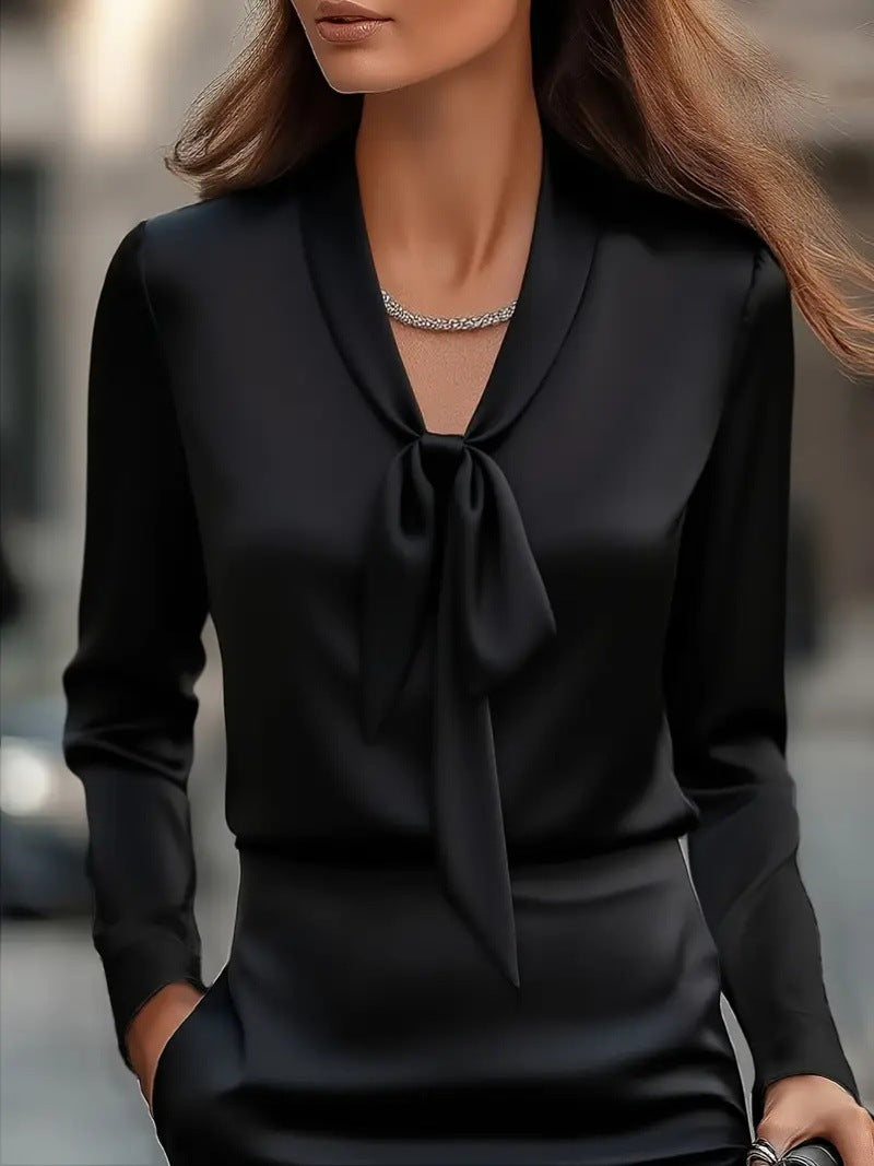 Fashionable Elegant Solid Color Tie Satin Long Sleeve Shirt Black