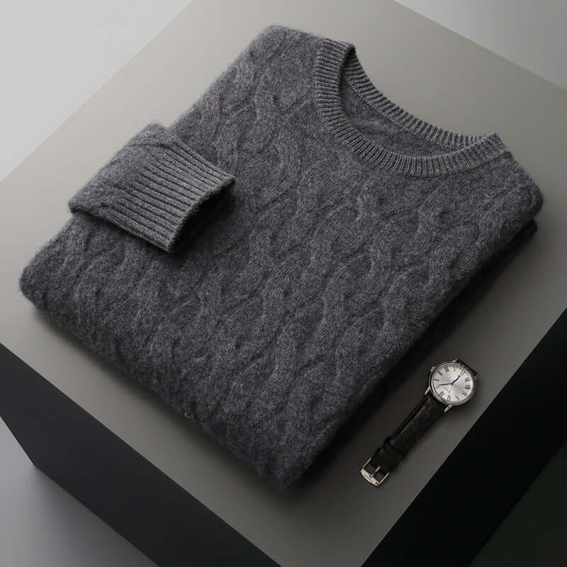 Thickened Men's Cashmere Sweater With Round Neck And Twisted Design Dark Gray
