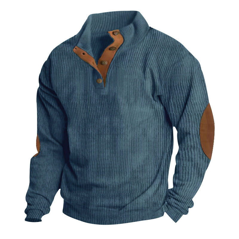 Casual Stand-Collar Long Sleeve Pullover Sweatshirt for Men Fashion Solid Color Striped Design Loose Tops Denim Blue