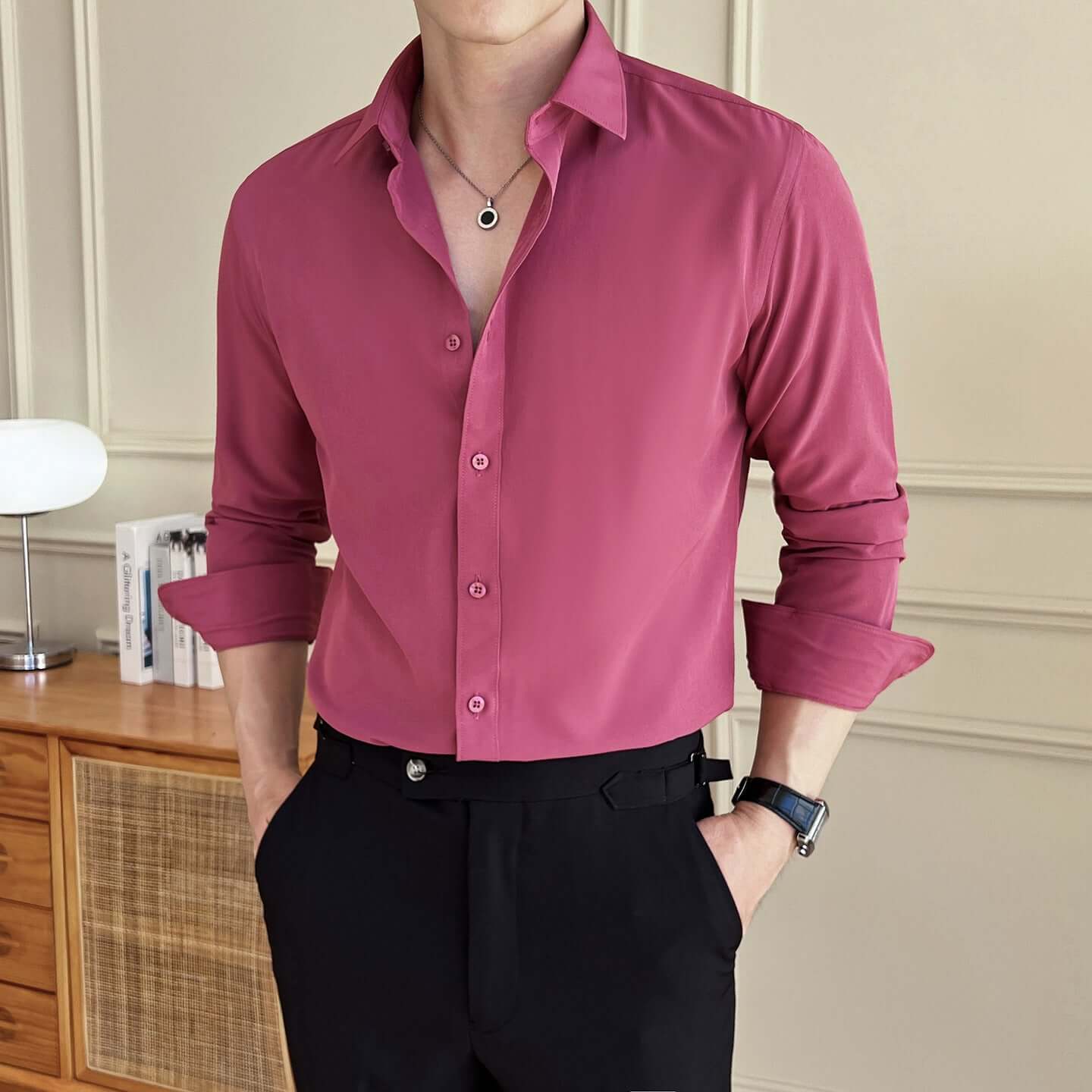 Seven-color Men's Long-sleeved Business Shirt Rose Red