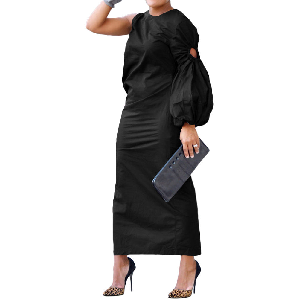 New Solid Color Single-sleeve Slit Side Dress Black