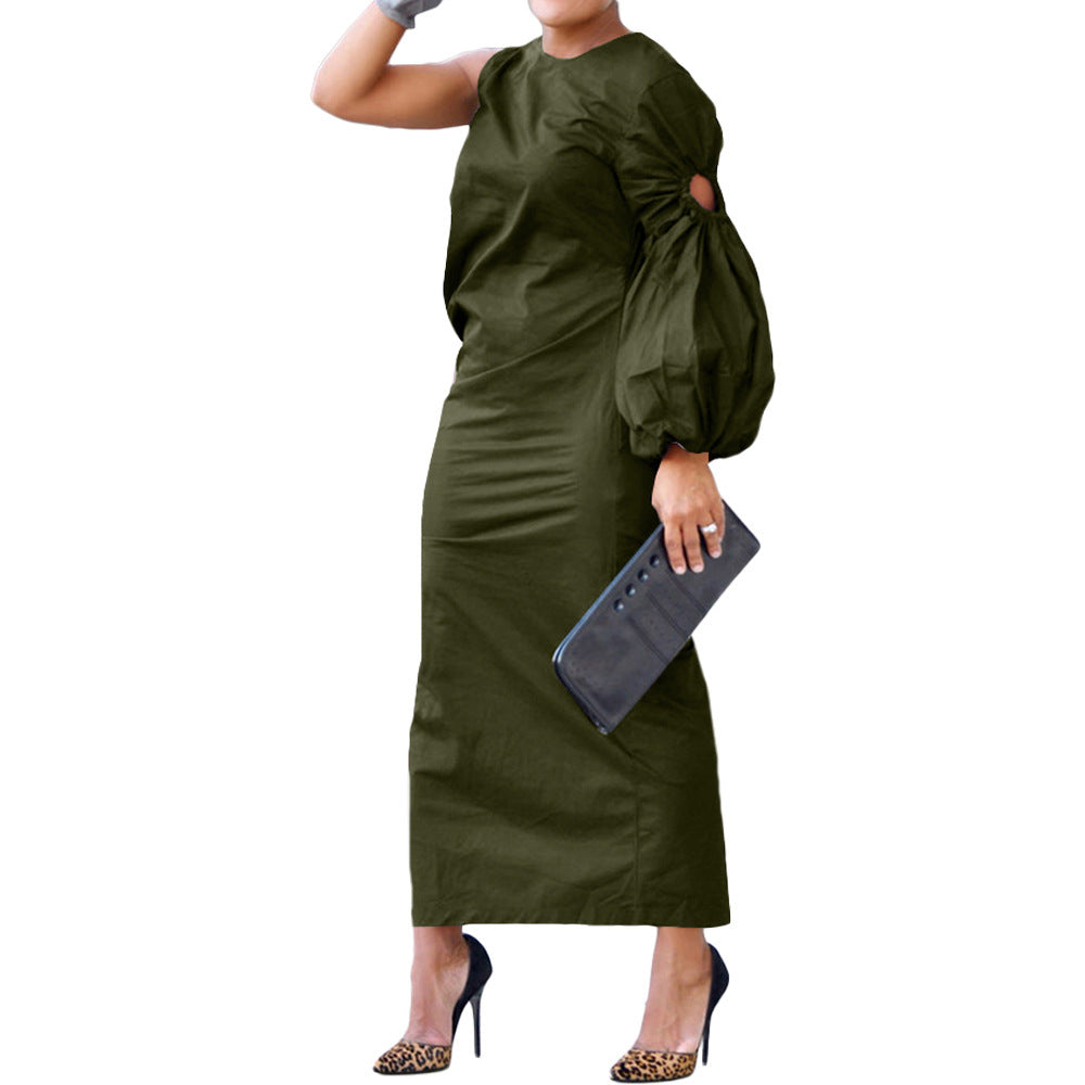 New Solid Color Single-sleeve Slit Side Dress Army Green