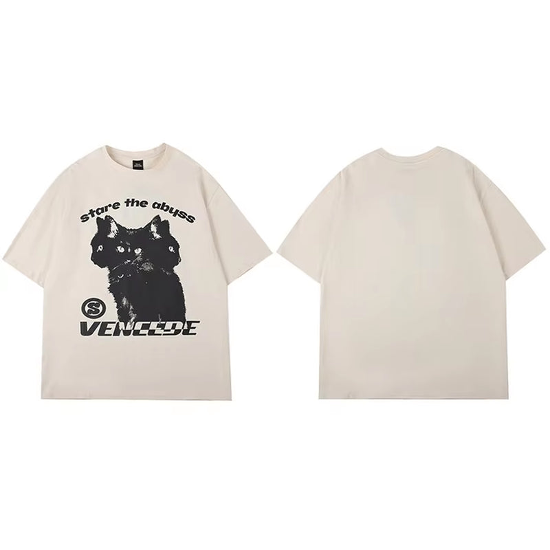 2025 New Streetwear Tshirt Hydra Cat Graphic T Shirt Men Cotton T-Shirt Hip Hop Loose Tops Tees Summer Short Sleeve Black White A55Xd2913 Beige