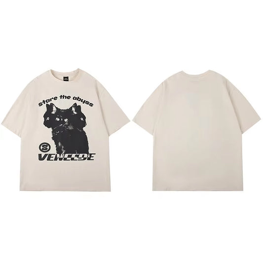 2025 New Streetwear Tshirt Hydra Cat Graphic T Shirt Men Cotton T-Shirt Hip Hop Loose Tops Tees Summer Short Sleeve Black White A55Xd2913 Beige