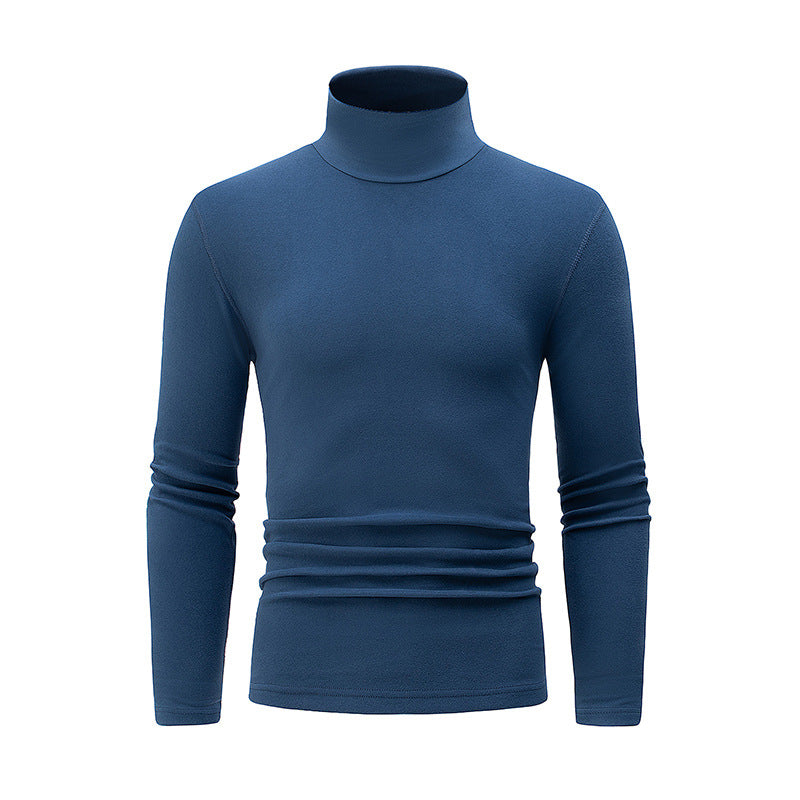 Autumn And Winter Men's Solid Color Versatile High-neck Base Layer Casual Fleece Top Dark Blue