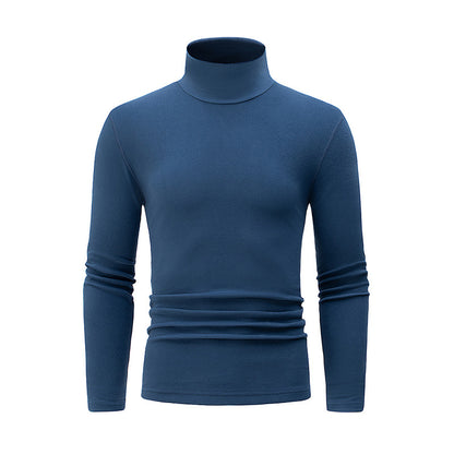 Autumn And Winter Men's Solid Color Versatile High-neck Base Layer Casual Fleece Top Dark Blue