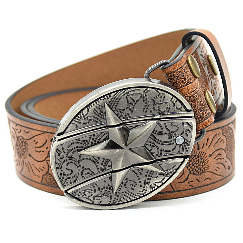 Personality Student Trendy Printing Engraving Smooth Buckle Knife Embossing Belt Five pointed Star Brown