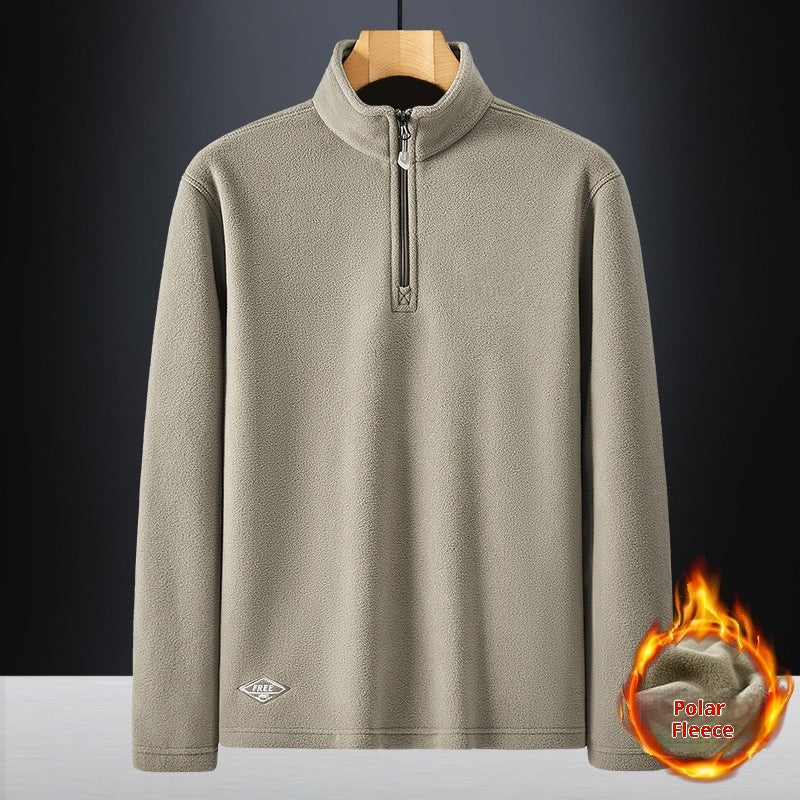 Men's Fleece Hooded Sweatshirt Stand Collar Solid Color Warm Jacket Khaki