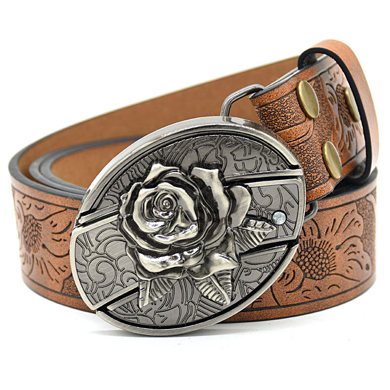 Personality Student Trendy Printing Engraving Smooth Buckle Knife Embossing Belt Rose Brown