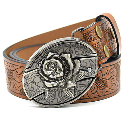 Personality Student Trendy Printing Engraving Smooth Buckle Knife Embossing Belt Rose Brown