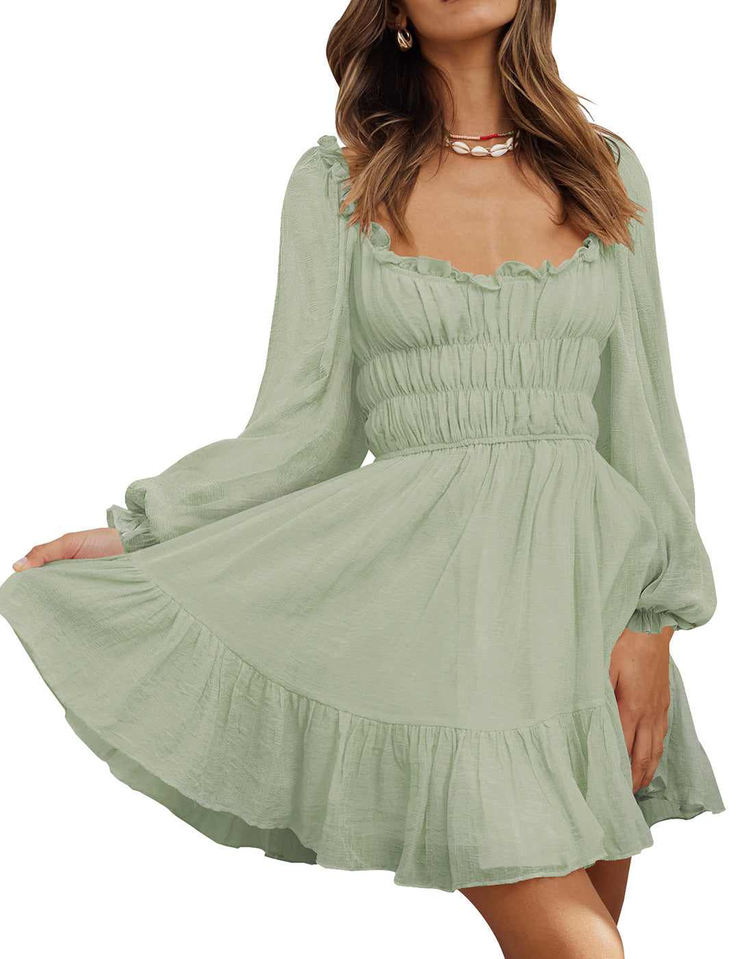 Square Neck Pleated Ruffle Lantern Sleeve Fresh And Sweet Dress Light Green
