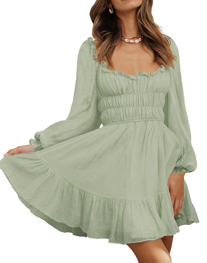 Square Neck Pleated Ruffle Lantern Sleeve Fresh And Sweet Dress Light Green
