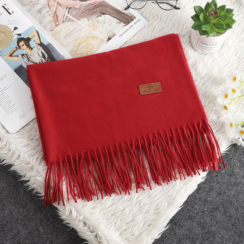 Solid Color Cashmere-like Bristle Scarf Ladies Tassel Warm Gift Wine Red 200x70cm