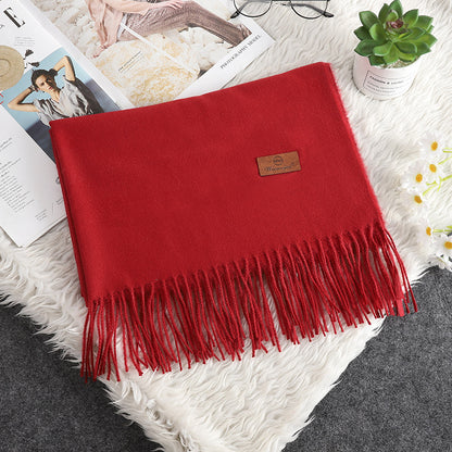 Solid Color Cashmere-like Bristle Scarf Ladies Tassel Warm Gift Wine Red 200x70cm