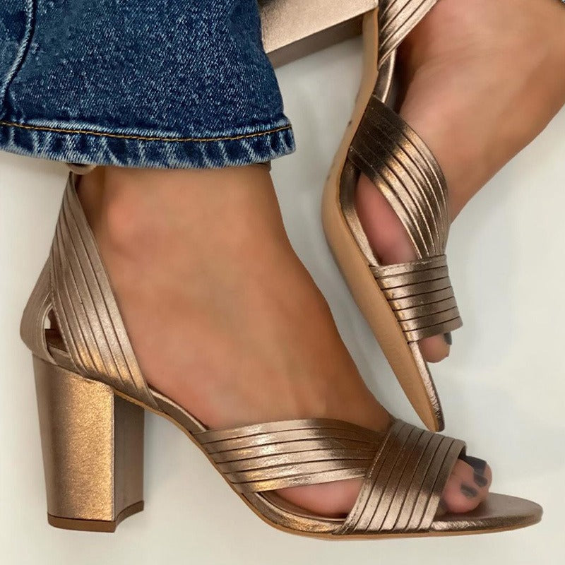 Summer Fashion High Heel Round Toe Women's Shoes Large Size Open Toe Breathable Sandals Gold