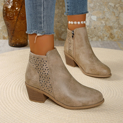 Hollow-out Pointed Toe Low-cut Square Heel Women's Boots Khaki