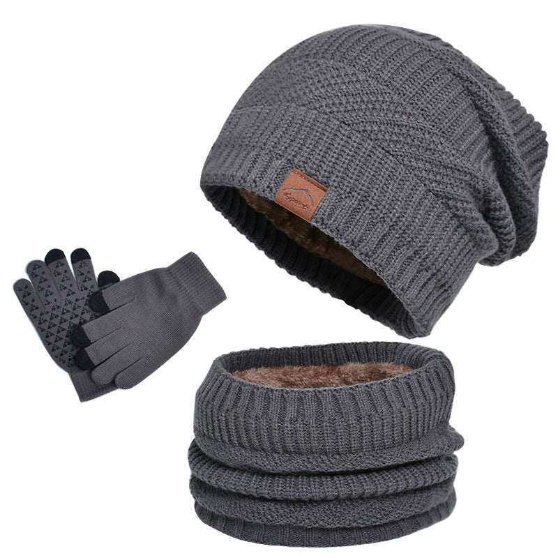 Winter Fleece-lined Warm Hat Scarf Gloves Three-piece Set Gray