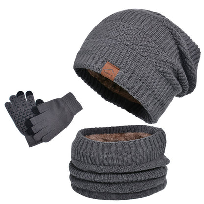 Winter Fleece-lined Warm Hat Scarf Gloves Three-piece Set Gray